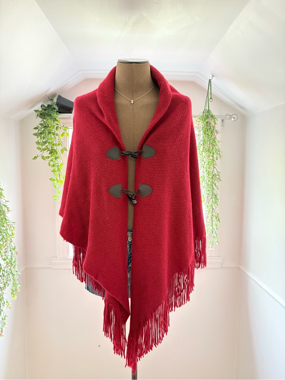 Red Fringe Toggle Poncho